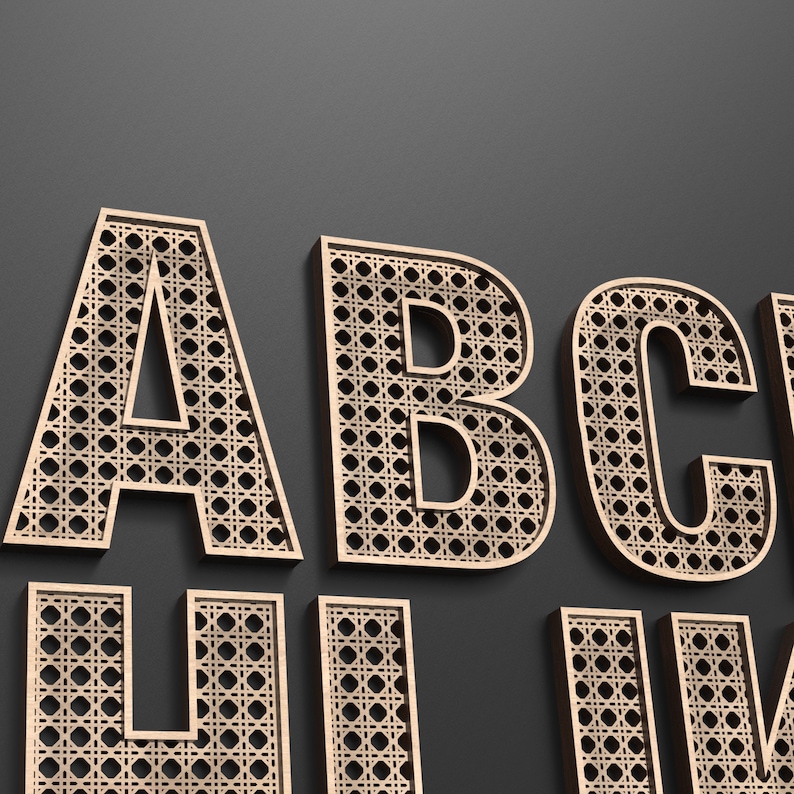 Wooden A B C letters with each letter having a rattan pattern cut out of the middle of it.