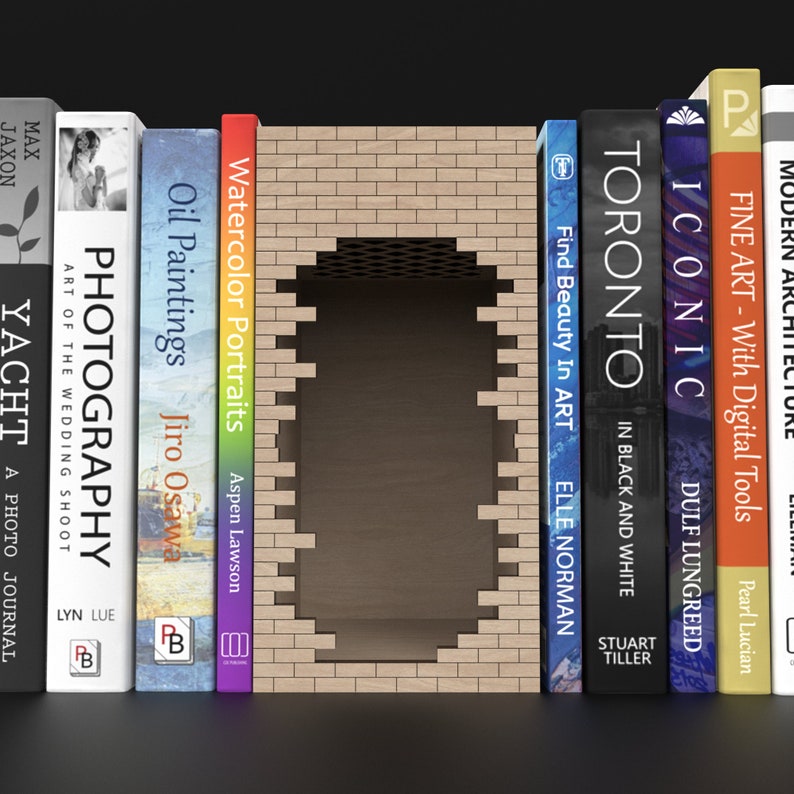 A Wooden Book Holder Book Nook Kit with secret compartment made from our svg laser cutting files digital download.