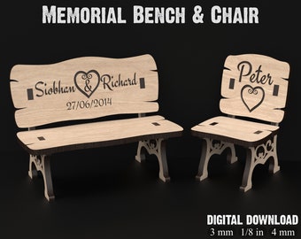 Banc commémoratif et chaise à mémoire SVG Laser Cut Files V2 - Banc de jardin rustique et chaise commémorative du souvenir pour Noël et mariage #092
