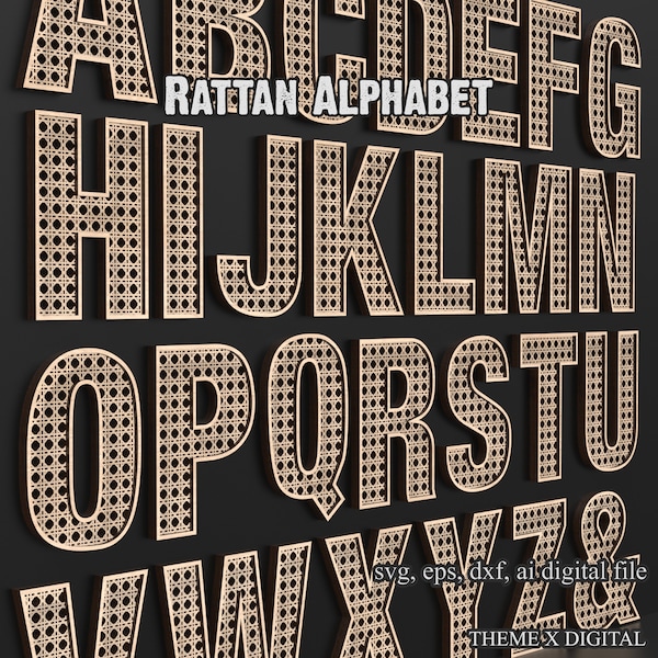 Lettres en rotin Alphabet Svg Fichiers de découpe laser, Lettres A-Z Svg et Chiffres 0-9 Svg pour Glowforge XTool Lightburn etc #023