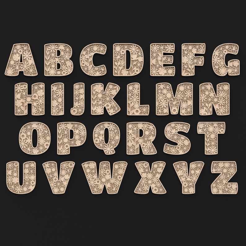 A - Z Alphabet Of Our Floral Wooden Letters made from our Svg laser cutting files digital download.