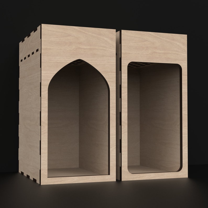 2 Wooden Book Nook Kits with secret compartments made from our svg laser cutting files digital download.