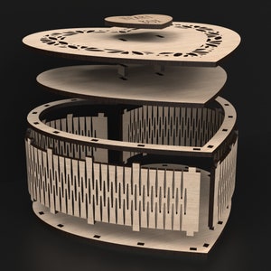 An Exploded View Of Our Laser Cut Wooden Heart Jewelery Boxes made from our Svg laser cutting files digital download.