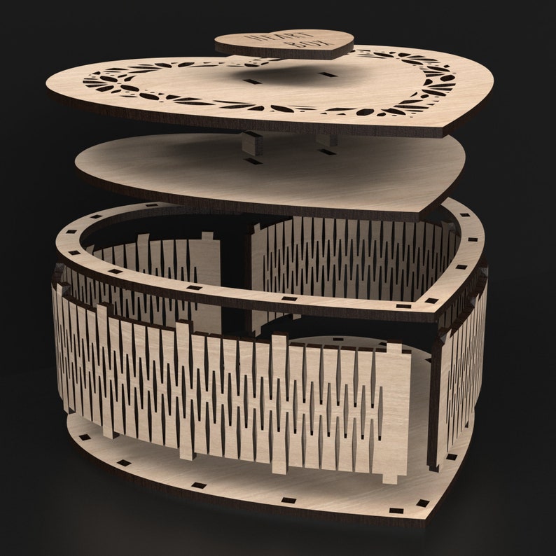 An Exploded View Of Our Laser Cut Wooden Heart Jewelery Boxes made from our Svg laser cutting files digital download.