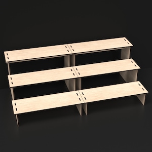 3 Tier Laser Cut Modular Display Stands made from our Svg Laser Cutting Files Digital Download.
A straight unit connected to another straight unit.