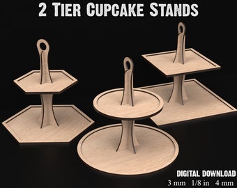 2 Tier Cake Stand SVG Laser Cutting Files - Round, Hexagon & Square Cupcake Stands - 2 Tier Wedding Cake Stand For Dessert Tables # 164