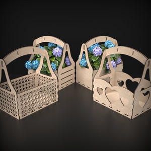 4 Wooden Flower Baskets made from our svg laser cutting files digital download.