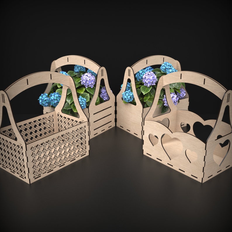 4 Wooden Flower Baskets made from our svg laser cutting files digital download.