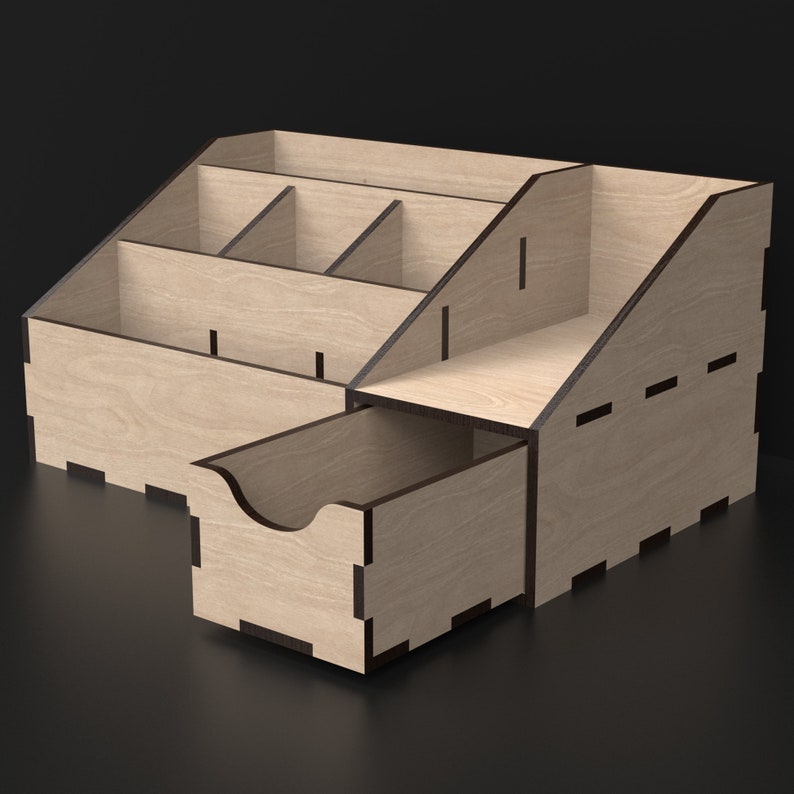 Laser Cut Wooden Desk Storage Unit made from our Svg Laser Cutting Files Digital Download.