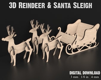 3D Rentier SVG & Weihnachtsmann Schlitten Laser geschnitten Dateien, Weihnachten Schlitten Weihnachtsmann SVG Dateien, 3D Laser schneiden Dateien für XTool Etc. #062