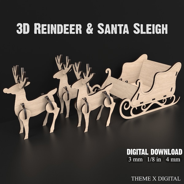 3D Reno Svg & Santa Sleigh Svg Archivos de corte láser, Archivos de Navidad Sleigh Santa Svg, Archivos de corte láser 3D Svg para XTool Etc. #062