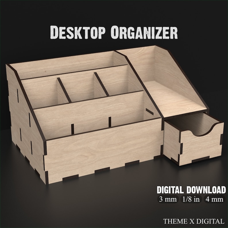 Laser Cut Desk Organizer With Drawer Unit made from our Svg Laser Cutting Files Digital Download.