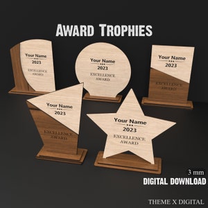 5x Trofeo de Premio Svg Archivos de Corte Láser, Archivos Svg de Premio Acrílico y Madera, Archivos vectoriales de corte láser de madera para Glowforge Lightburn Xtool #056