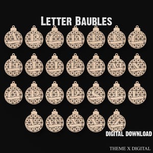 Archivos de corte láser SVG de bolas navideñas de la A a la Z: bolas de letras del alfabeto navideño con copos de nieve Archivos láser para XTool, Lightburn, etc. N.º 195