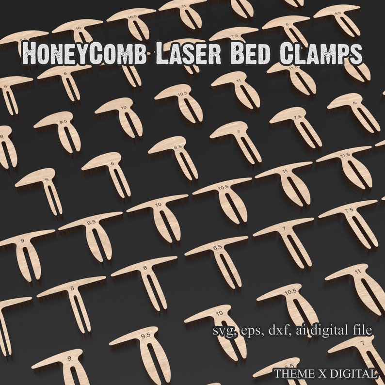 A set of 60 wooden Honeycomb bed pins for use as material hold down clamps aligned in an array. The laser cutting files include 4 different designs with 15 different sizes of each type.