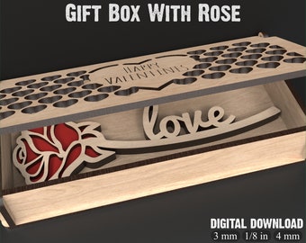 Rose Heart Box Valentine Svg Laser Cutting Files - Valentines Day Svg Wooden Flowers - Valentine Laser File For Glowforge, XTool etc #108