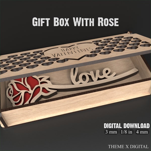 Rose Heart Box Valentine Svg Archivos de corte láser - Día de San Valentín Svg Flores de madera - Archivo láser de San Valentín para Glowforge, XTool, etc. #108