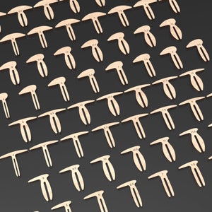 A set of 60 wooden Honeycomb bed pins for use as material hold down clamps aligned in an array. The laser cutting files include 4 different designs with 15 different sizes of each type