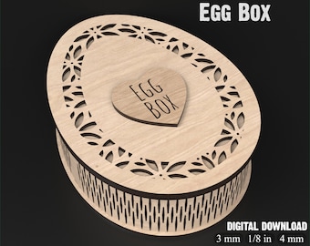 May include: A wooden egg-shaped box with a cut-out design and the words "Egg Box" in a heart shape on the top. The box is 3 mm thick and is a digital download.