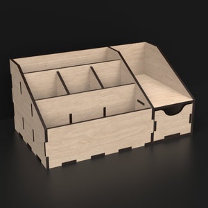 Laser Cut Desktop Organizer With Opening Drawer made from our Svg Laser Cutting Files Digital Download.