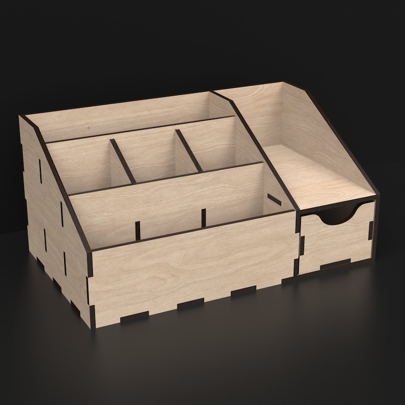 Laser Cut Desktop Organizer With Opening Drawer made from our Svg Laser Cutting Files Digital Download.