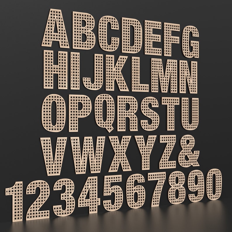 The full Alphabet of wooden letters with each letter having a rattan pattern cut out of the middle of it.