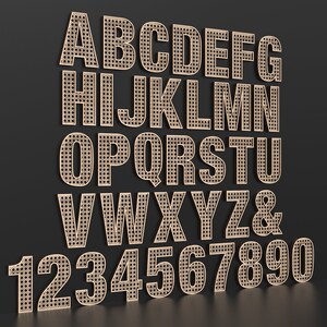 The full Alphabet of wooden letters and numbers with each letter / number having a rattan pattern cut out of the middle of it.