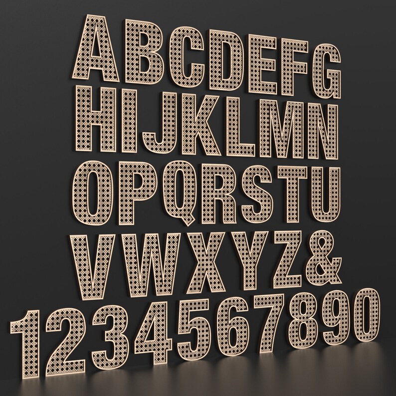 The full Alphabet of wooden letters and numbers with each letter / number having a rattan pattern cut out of the middle of it.