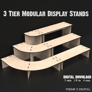 3 Tier Laser Cut Modular Display Stands made from our Svg Laser Cutting Files Digital Download.
A single corner unit and a straight unit connected together.