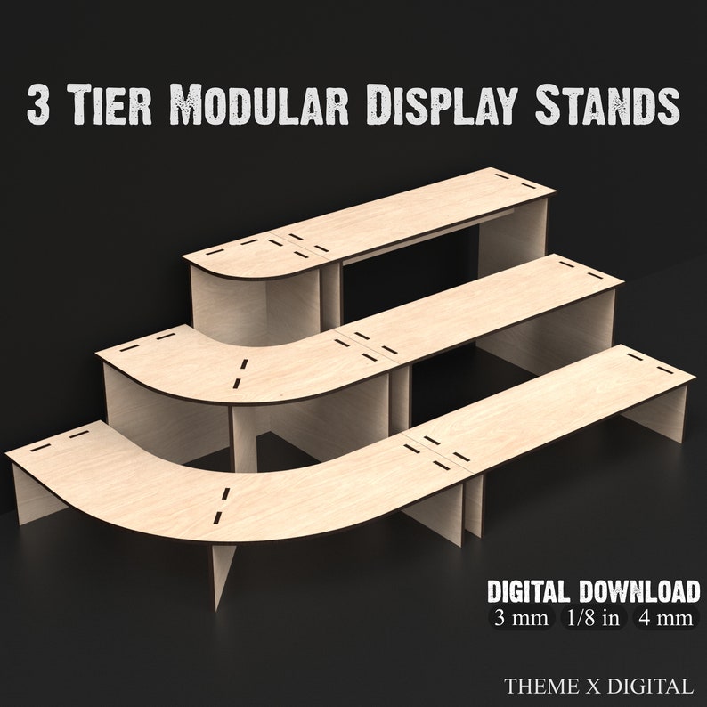 3 Tier Laser Cut Modular Display Stands made from our Svg Laser Cutting Files Digital Download.
A single corner unit and a straight unit connected together.