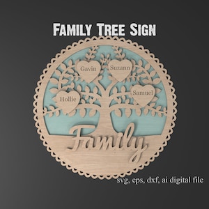 Modelo de árvore genealógica Svg Arquivos cortados a laser com corações personalizados, Árvore genealógica da vida de 2 camadas Svg, Reunião de família Svg Glowforge XTool #012