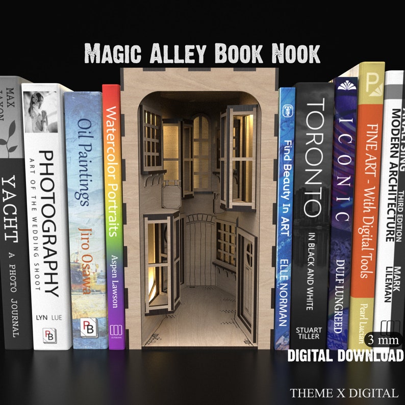 Our magic alley book nook kit featuring an enchanting alley way, perfect for bookends and holders, crafted from downloadable SVG laser cutting files.