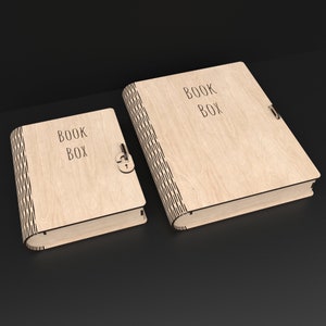 2 Wooden Book Boxes with personalized laser engraving made from our svg laser cutting files digital download.