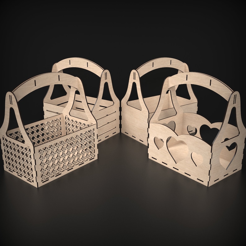 4 Wooden Flower Basket Carry Crates made from our svg laser cutting files digital download.