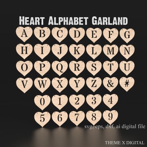 A-Z Heart Wedding Garland Svg Laser Cutting Files, Alphabet Christmas Garland For Cricut Glowforge XTool Lightburn etc #010