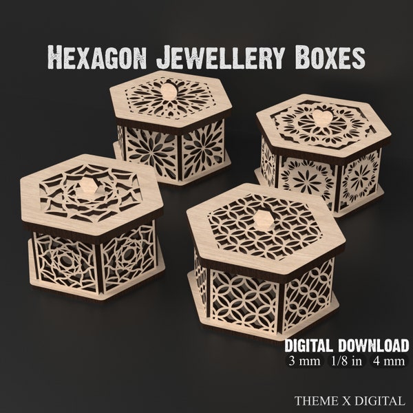 Set of 4 Hexagonal Jewelry Box SVG Laser Cutting Templates – Ideal for Crafting Decorative Wooden Jewelry, Dice, or Stash Boxes #035