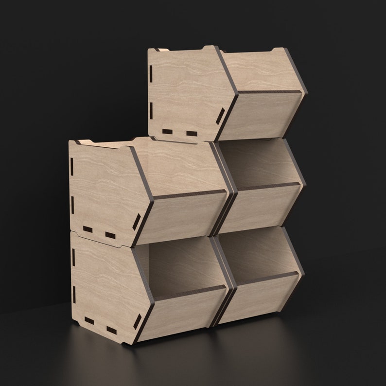 5 Wooden Laser Cut Small Stackable Storage Box Bins Desktop Organizers made from our Svg Laser Cut Files Digital Download