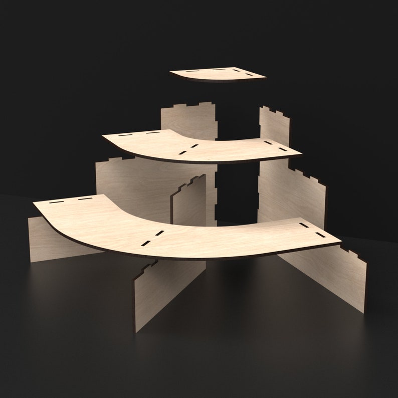 An exploded view of our 3 Tier Laser Cut Modular Corner Display Stand made from our Svg Laser Cutting Files Digital Download.