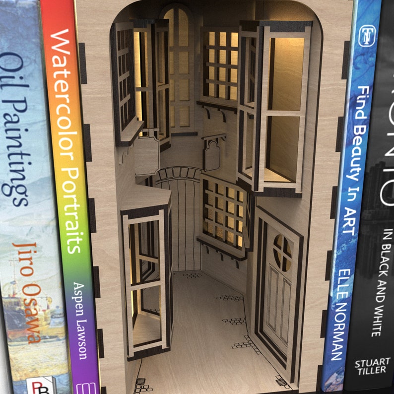 Our Magic Alley Book Nook Kit Perfect for Book Shelf Decor made from our svg laser cutting files digital download.