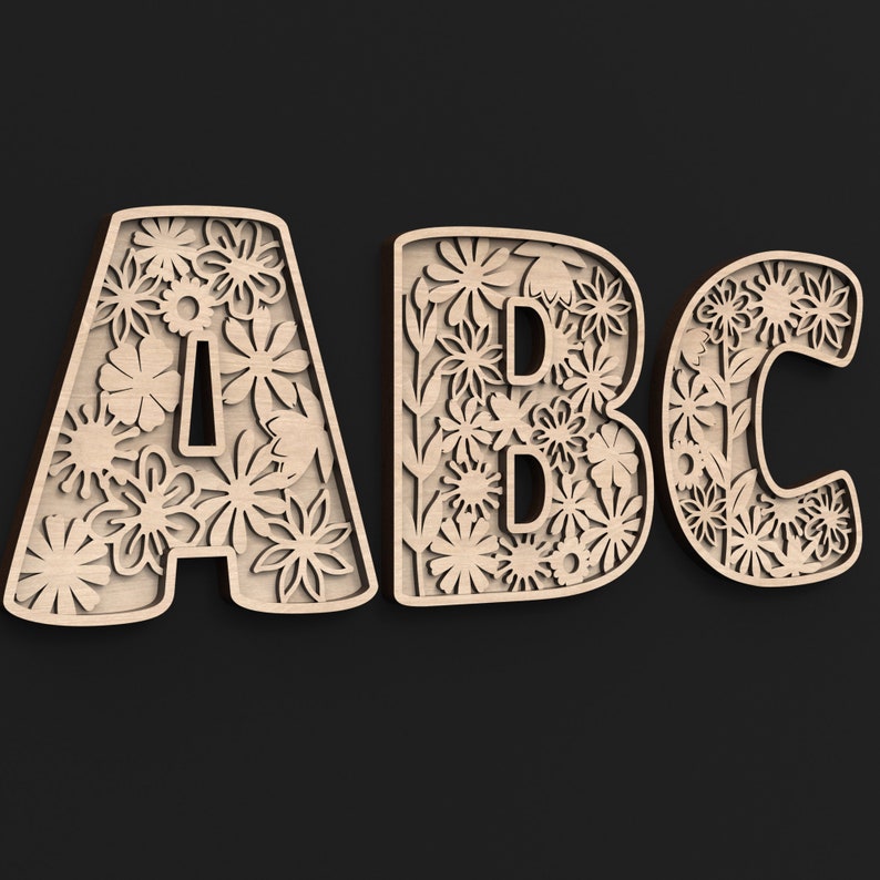 Our Floral Flower Letters A, B and C 3 Layers Deep Making Them 3D Letters made from our Svg laser cutting files digital download.