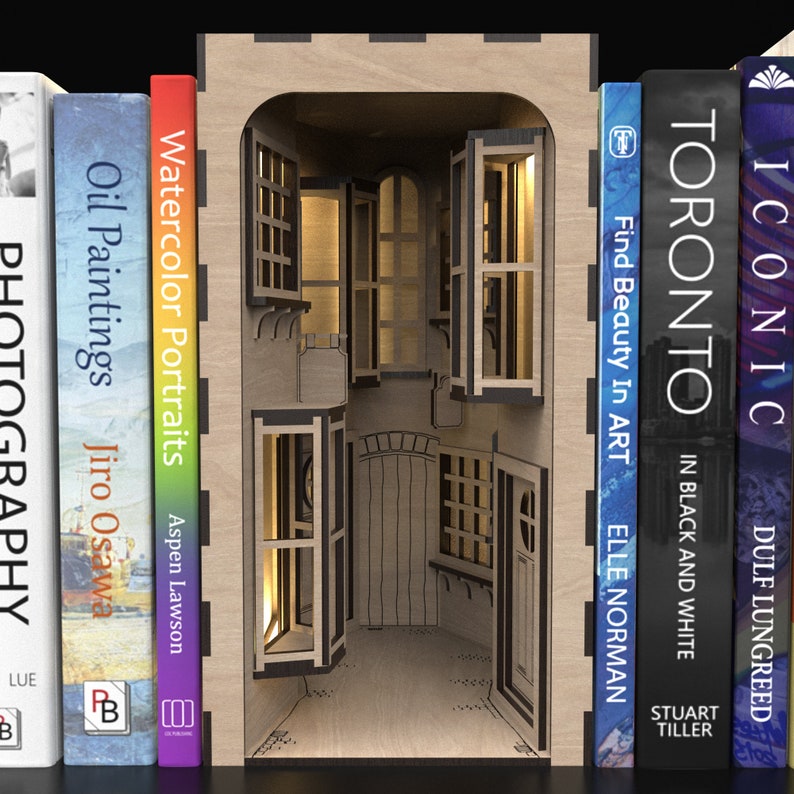 A magical alley-themed book nook SVG kit, ideal for bookends, created from our downloadable svg laser cutting files.