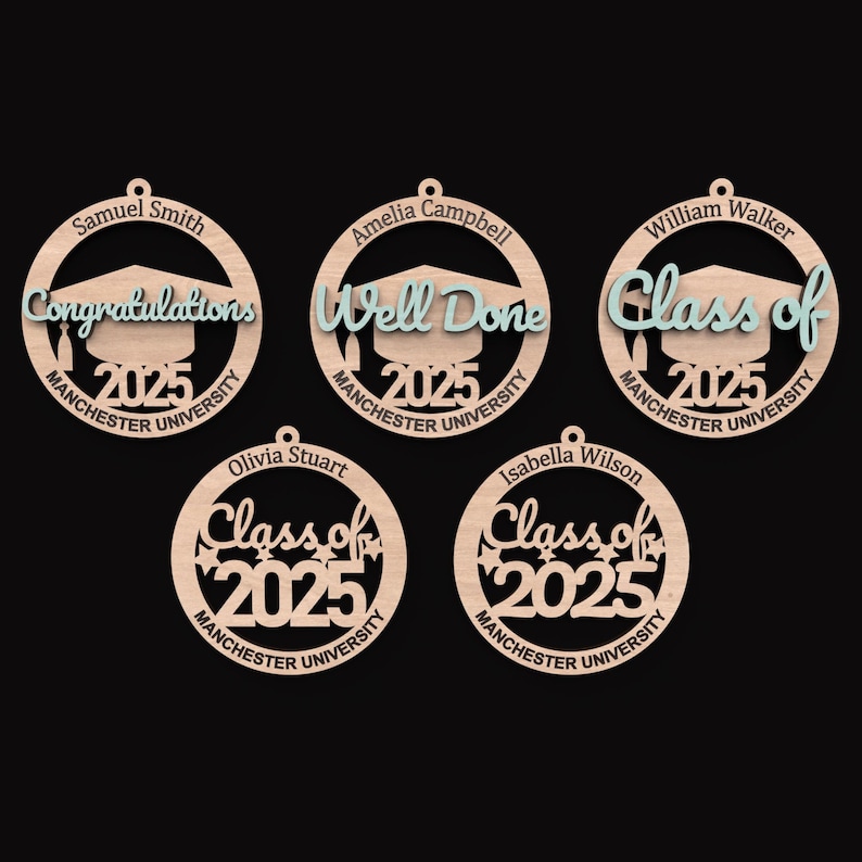 Set of 5 Graduation Ornament SVG Laser Cutting Files, Included are Congratulations, Well Done and Class of 2025.