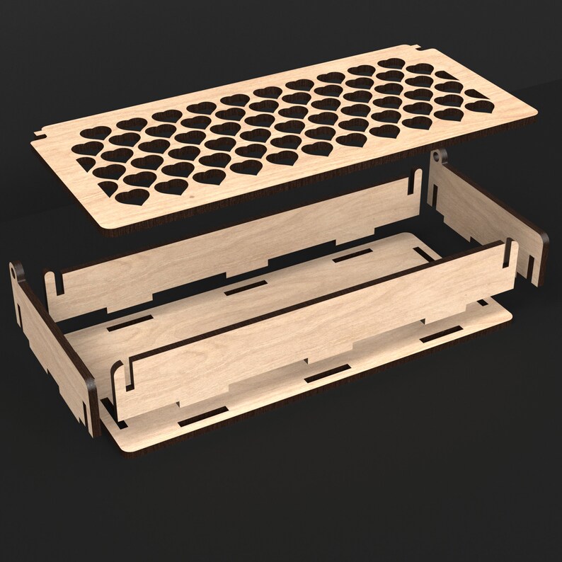 An Exploded View Of Our Wooden Valentine Gift Box With Rose made from our laser cutting files digital download.