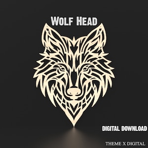 Op de afbeelding: Een digitale download van een wolfskopontwerp. De wolfskop is gestileerd met een geometrisch patroon en is in een lichte houtkleur. De tekst "WOLF HEAD" staat boven de wolfskop en de tekst "DIGITAL DOWNLOAD" staat onder de wolfskop. De tekst "THEME X DIGITAL" staat onderaan de afbeelding.