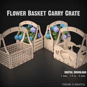 Cesta de flores para plantas de interior, archivos SVG de corte láser - Cesta de almacenamiento con asa, caja de transporte para Glowforge XTool Lightburn, etc. #084