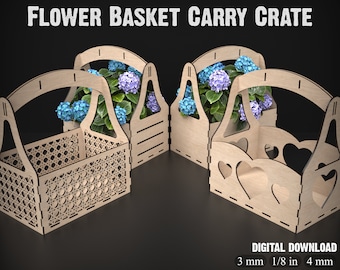 Flower Basket Indoor Plant Stand Svg Laser Cutting Files - Storage Basket With Handle Carry Crate For Glowforge XTool Lightburn etc #084