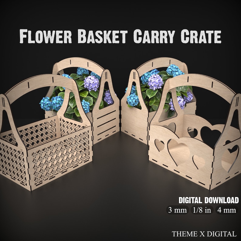 4 Wooden Flower Basket Carry Crates made from our svg laser cutting files digital download.