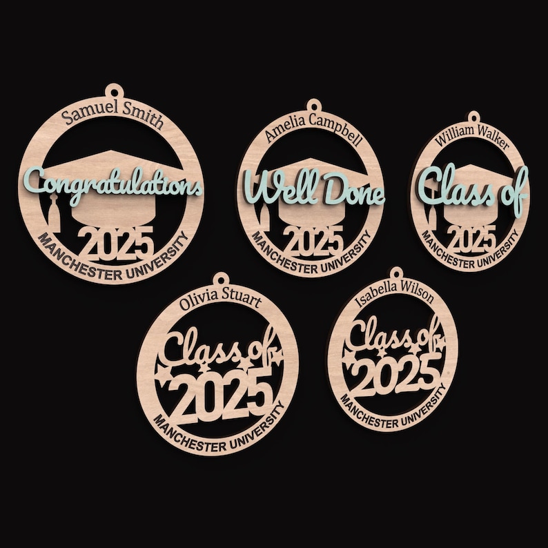 Set of 5 Graduation Ornament SVG Laser Cutting Files, Included are Congratulations, Well Done and Class of 2025.