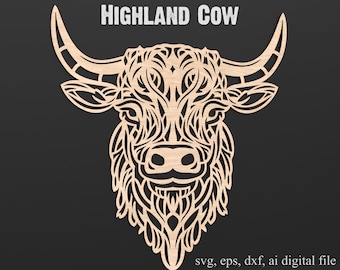 Highland Cow Svg Archivo de corte láser 3D Vaca Mandala Láser Svg Geométrico Highland Cow para Glowforge XTool Lightburn, etc. #020