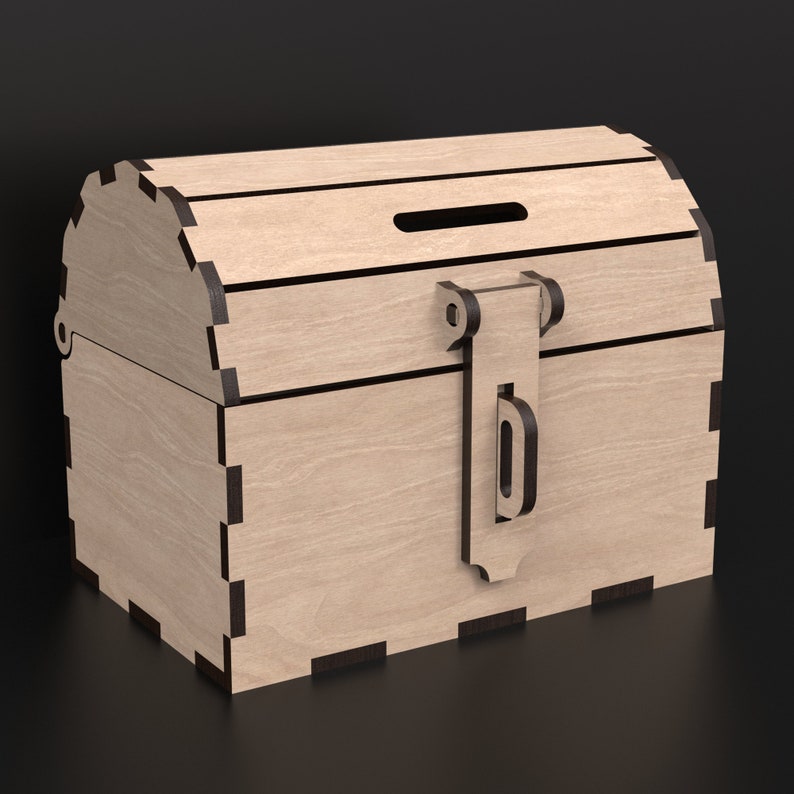 Craft your own Kids Wooden Treasure Chest Money Box using our laser cutting SVG files digital download.